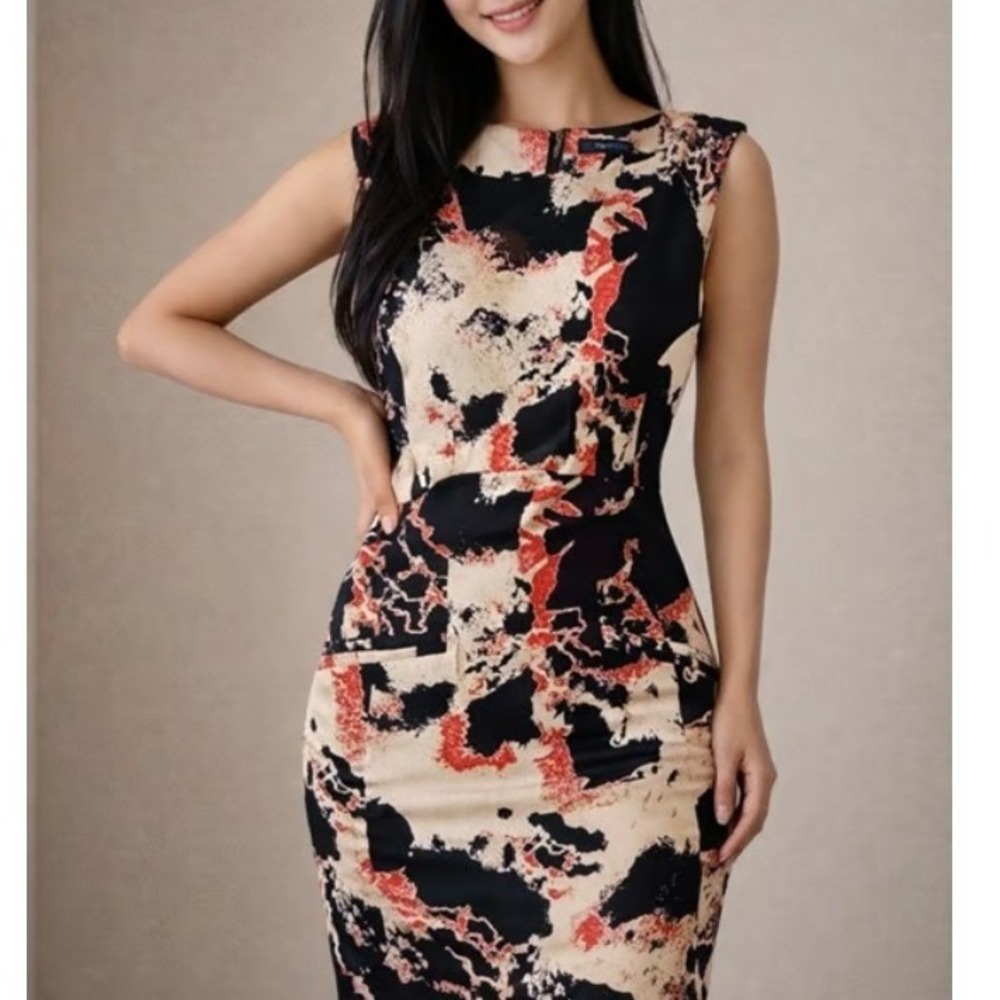 French Connection Abstract Print Sheath Dress Sleeveless Tan Black Red Six 6